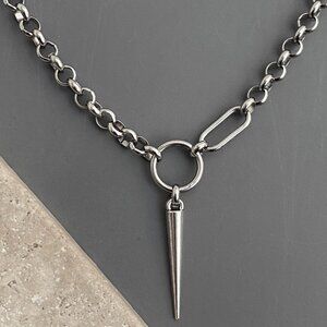 NEW, silver necklace, steel NON-TARNISH CHAIN, plated SPIKE punk edgy gothic alt